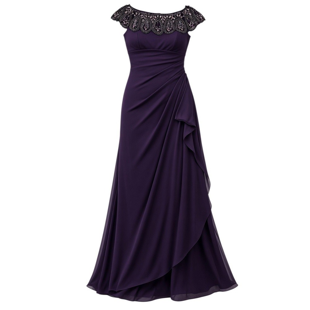 XSCAPE Purple Beaded Illusion Neckline Evening Gown Size 10 Formal Maxi Dress